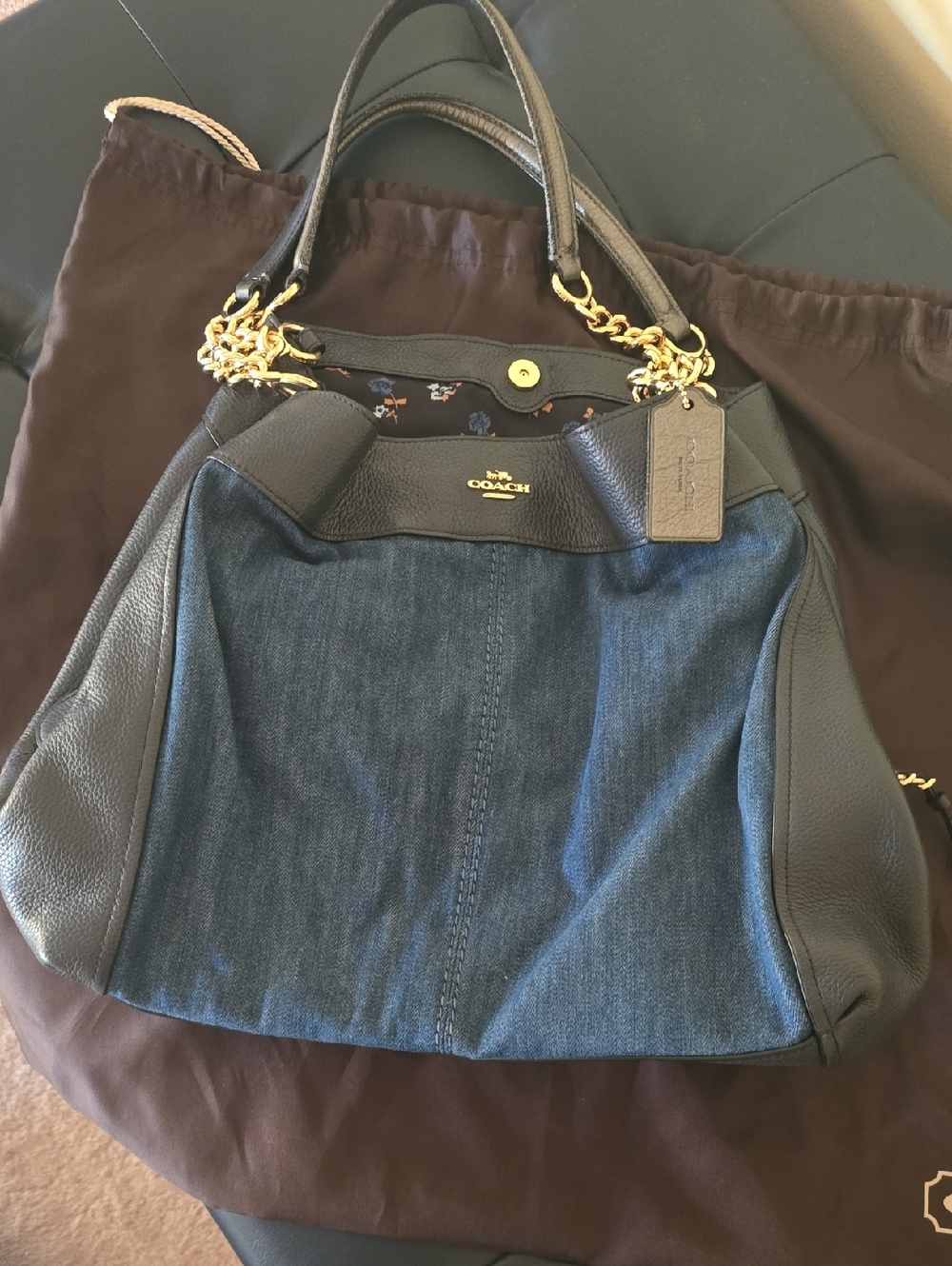 Coach Denim and Black Leather Tote with Gold Chain Handles